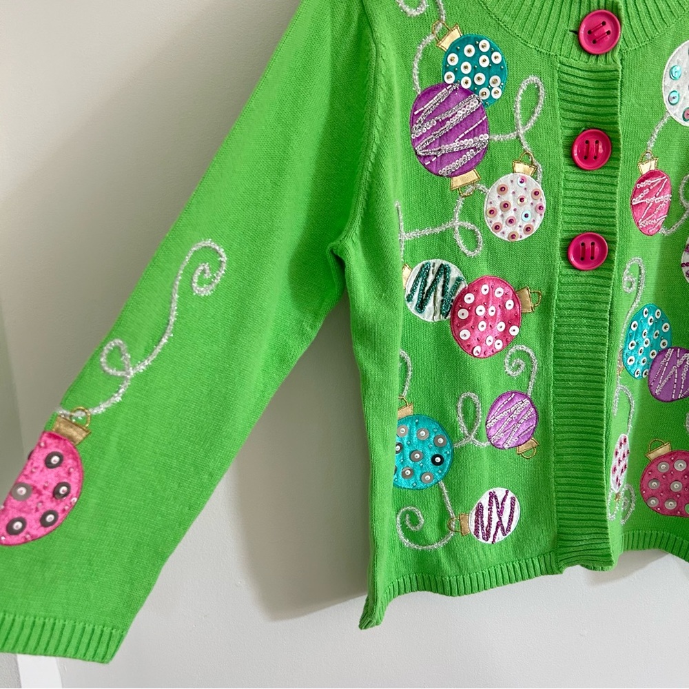 Design Options by Philip & Jane Gordon Green Christmas Ornament Cardigan Sweater - Picture 2 of 5
